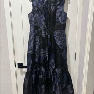 Kay Unger Black and Blue Floral Midi Dress